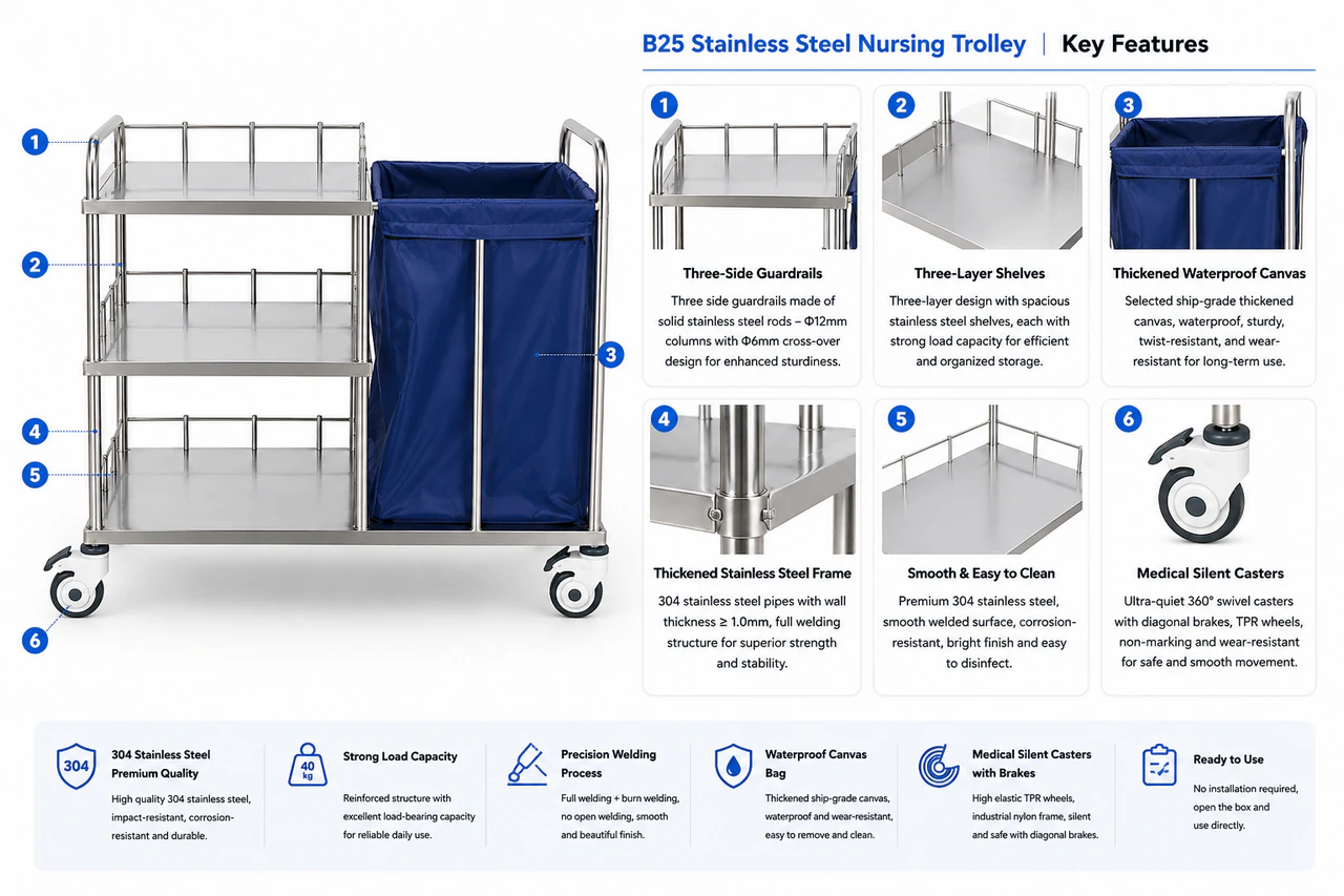 B25 Stainless Steel Nursing Trolley Key Features