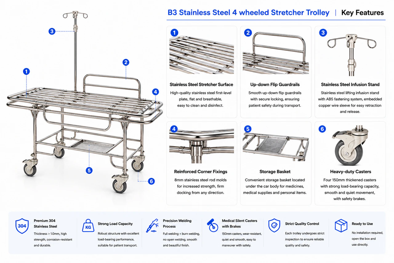 B3 Stainless Steel 4 wheeled Stretcher Trolley Key Features