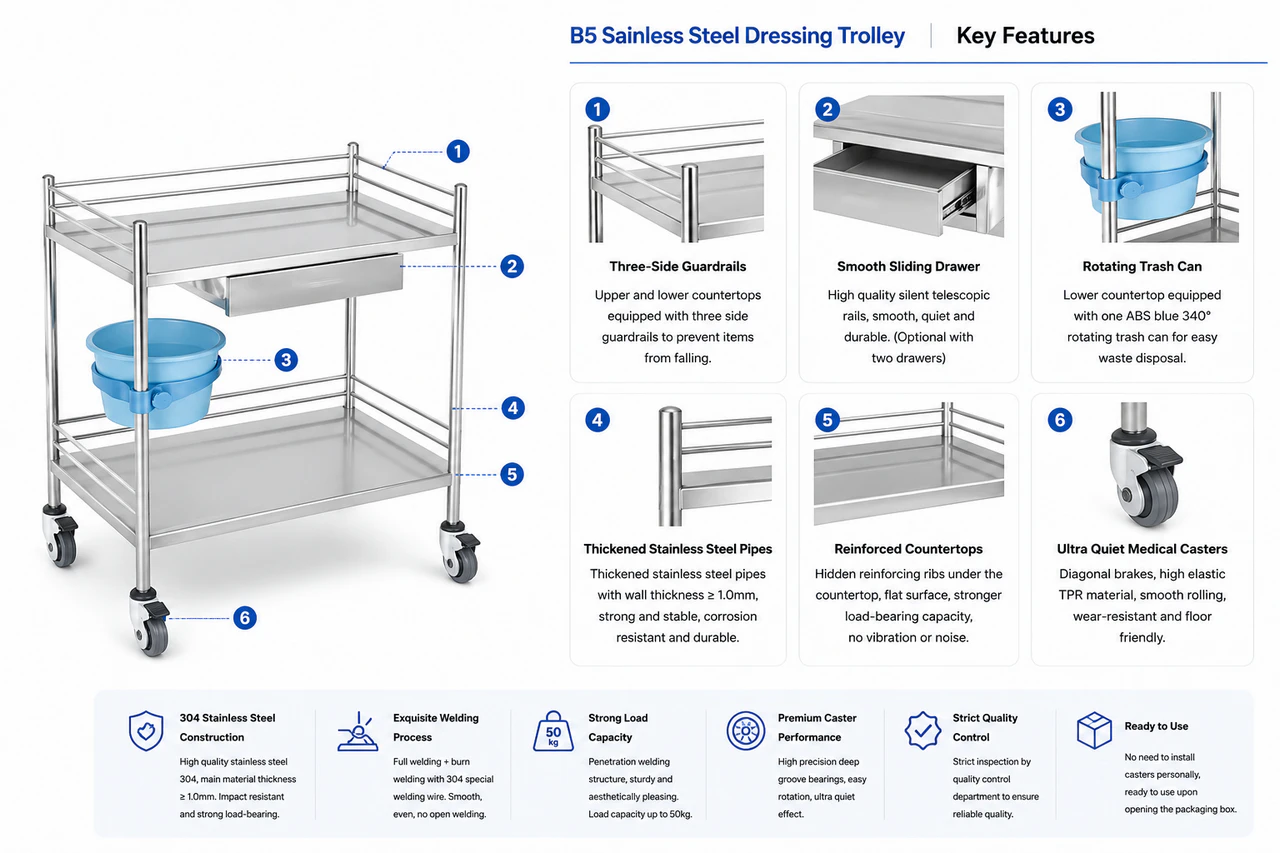 B5 Sainless Steel Dressing Trolley Key Features