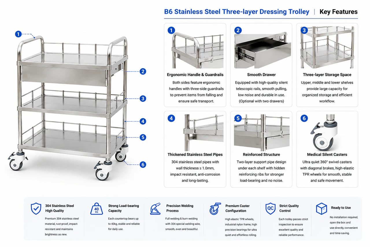 B6 Sainless Steel Three-layer Dressing Trolley Key Features