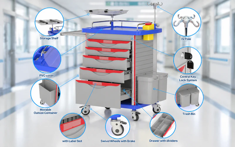Medical Crash Cart with Configurable Storage and Accessories